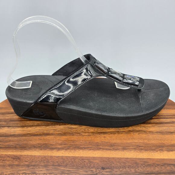 FitFlop Sandals Womens 11 Black Patent Leather Pietra Slip On Platform Shoes - Picture 1 of 7